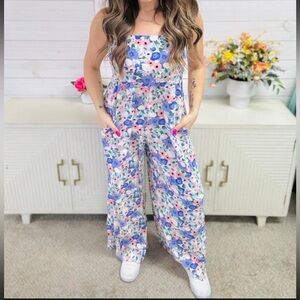 New Kori Floral Print Ruffle Straps with Back Tie Jumpsuit in Lavender Size XL
